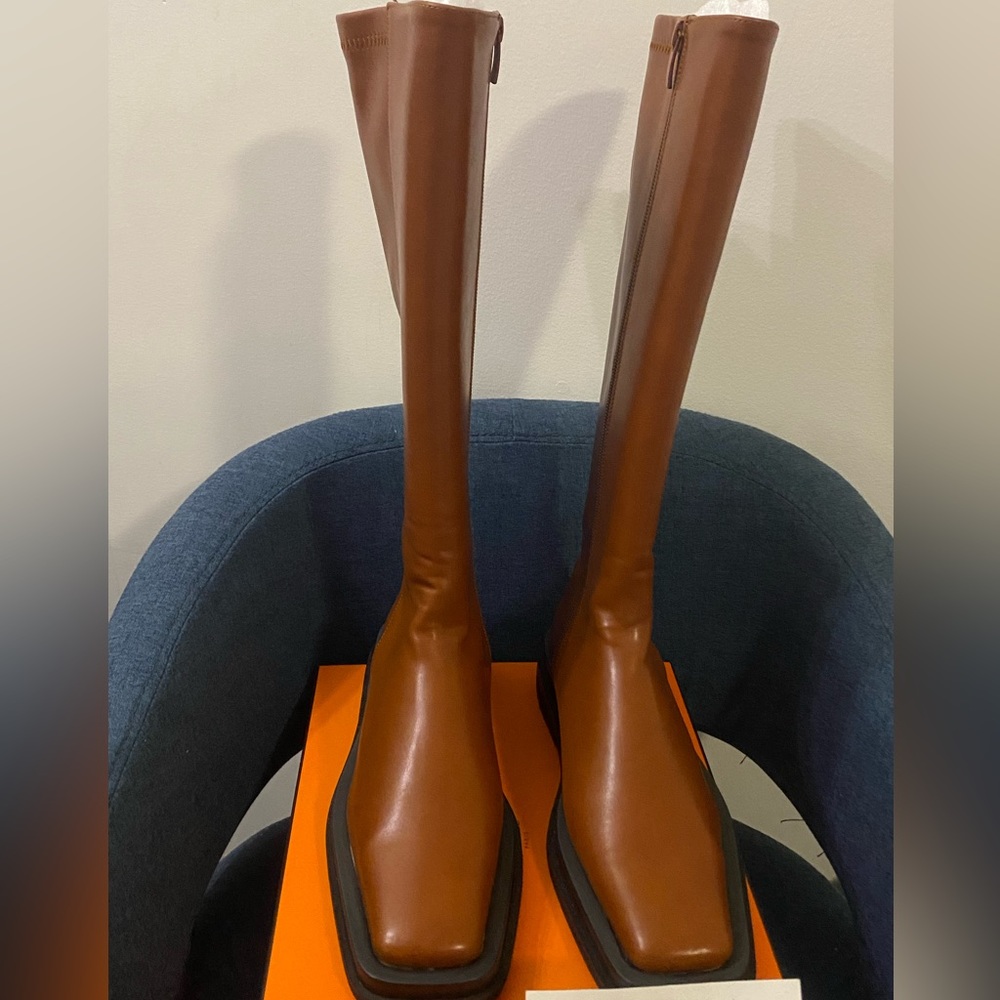 Brown faux leather  mid length calf boots
